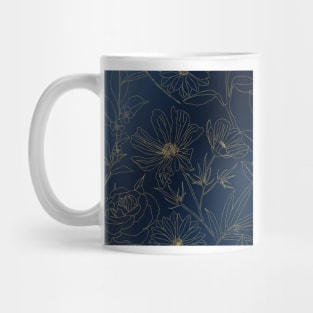 Elegant Blue Gold Flowers Line Art Mug